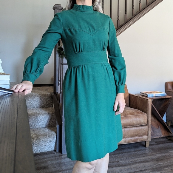 dark green LONG SLEEVE DRESS 1970's vintage S - Picture 5 of 13